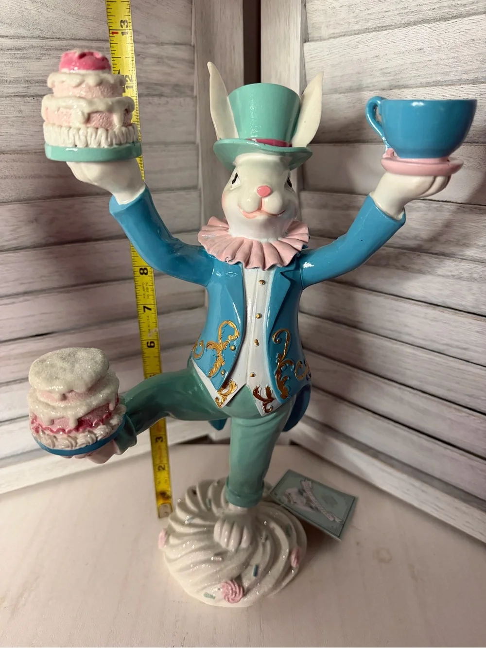 Tophat & Tail Easter Bunny Rabbit Mad Hatter Balancing Teacup And Cakes 12.5